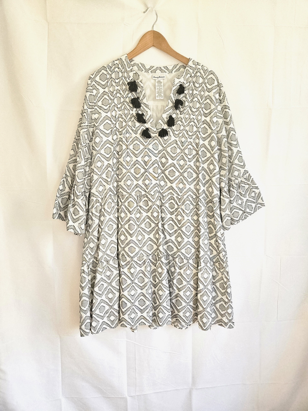 ​Tommy Bahama Geo Print Tiered Tassel Mini Dress Black White Cotton Blend L
